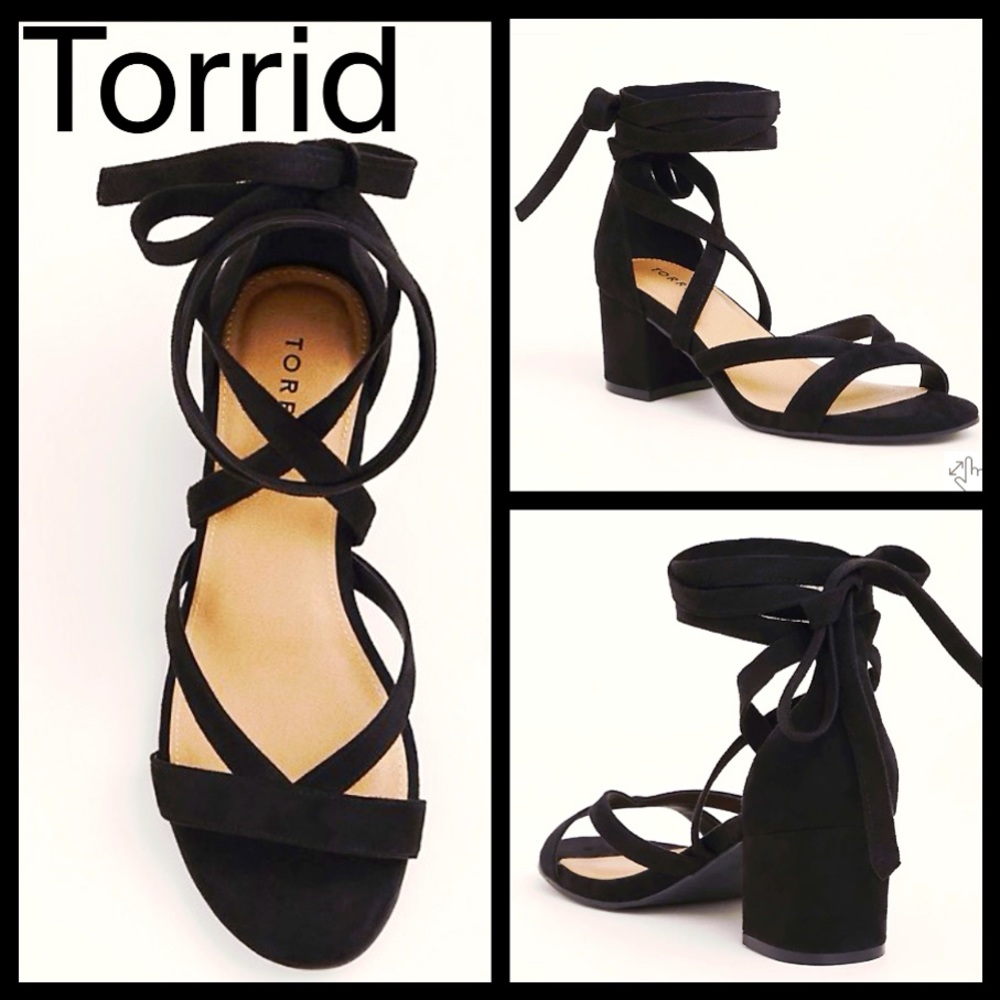 SOLD Torrid black ankle lace up block suede heels